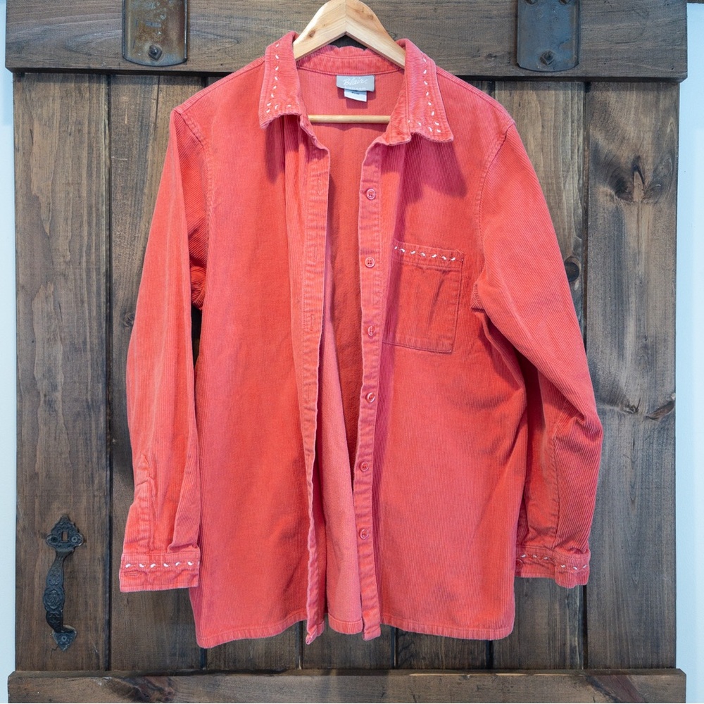 Vintage Blair Corduroy Embroidered Button Front Shirt Shacket Pink Orange Large